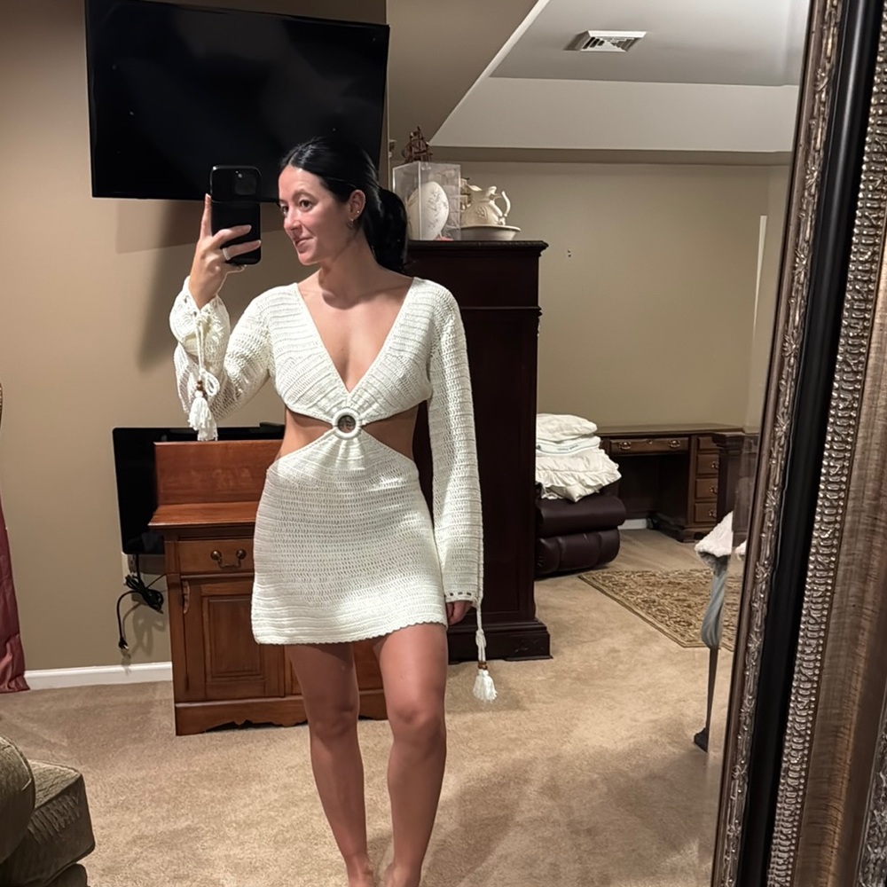 Beginning Boutique White Bodycon Dress with Plunge Neckline